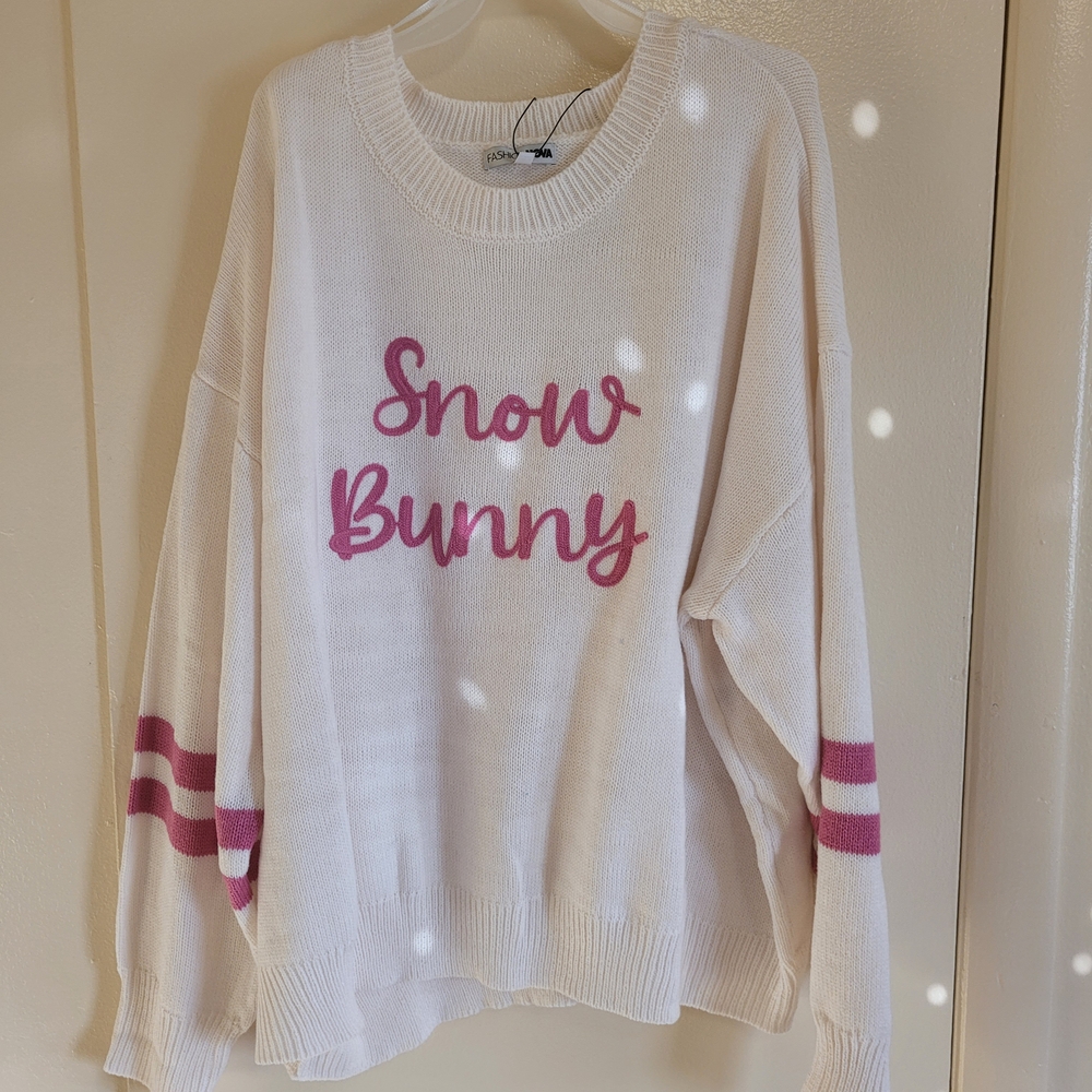 Fashion Nova Cream and Pink Crew Neck Sweater Lightweight